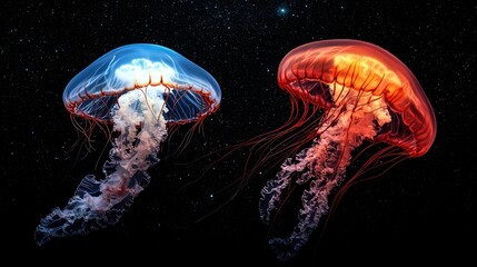 Two luminous jellyfish, one blue, one red, float against a starry black backdrop. Bioluminescence creates an ethereal scene