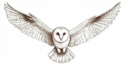 Detailed sketch of flying owl with wide wings drawn in vintage style on white background in retro sketch style