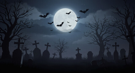 Fototapeta premium Spooky Halloween Cemetery at Night with Full Moon and Bats Flying Over Gravestones