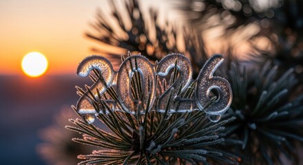 A transparent icy "2026" rests on frosted pine needles against a vibrant sunset, suggesting new beginnings