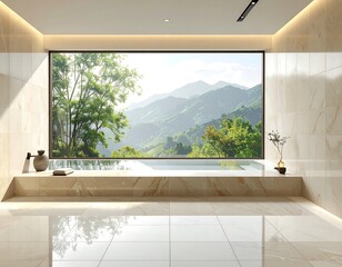 Modern bathroom with a large window framing a scenic mountain view