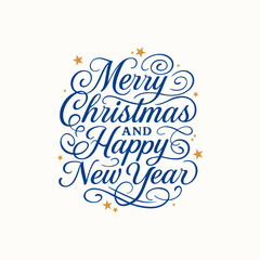 Festive “Merry Christmas and Happy New Year” hand-drawn lettering in deep blue with golden stars. Elegant vintage composition perfect for cards, posters, packaging, and winter greetings.