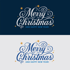 Elegant “Merry Christmas and Happy New Year” lettering in two color variations — gold and blue with festive stars. Refined vintage typography design perfect for cards, posters, and packaging.