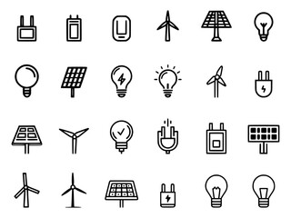 Various energy icons representing renewable resources and technology.