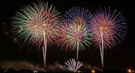 Obraz premium Vibrant fireworks burst in the night sky, showcasing colorful explosions over a dark silhouette