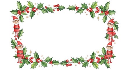 Fototapeta premium Festive oval border with green holly leaves, red berries, and charming elves in red suits, perfect for holiday greetings