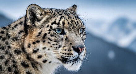 Obraz premium Close-Up of Snow Leopard with Blue Eyes in Snowy Mountain Habitat