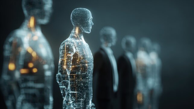 Transparent humanoid figures stand in a line revealing digital patterns in a dimly lit environment with traditional figures beside them