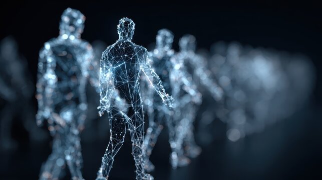 Digital human figures walking in a futuristic style with glowing connections, representing technology and innovation in a virtual world