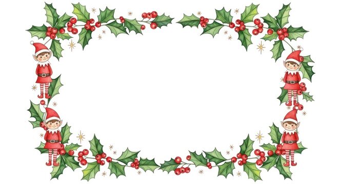 Festive oval border with green holly leaves, red berries, and charming elves in red suits, perfect for holiday greetings