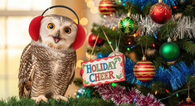 An owl wears earmuffs, a "Holiday Cheer" sign hangs near a decorated tree with colorful ornaments