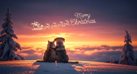 A cat and dog cuddle in the snow, watching a glowing Santa's sleigh at sunset with "Merry Christmas" written in cursive