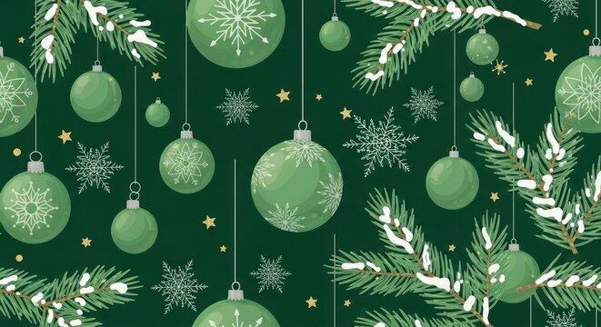 Festive emerald green background featuring hanging ornaments with snowflake designs, sprigs, and small stars