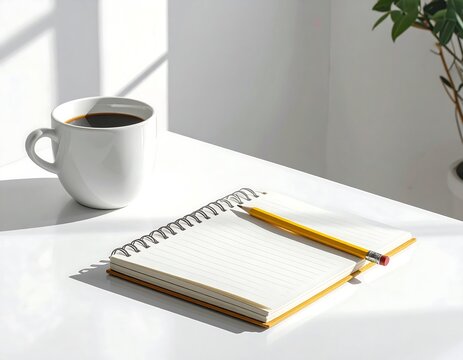 A bright overhead shot of a white mug of coffee next to a spiral-bound notebook and a pencil. There is a potted plant in the background - Powered by Adobe