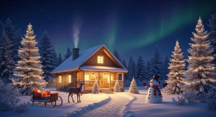 Cozy cabin scene with a snowman, reindeer, sleigh, lit trees, and the northern lights under a starry night sky