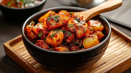 Close-up of seasoned potato cubes in a dark bowl, served on a wooden tray with a partial view of a second bowl