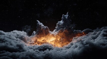 A fiery burst erupts through thick, swirling clouds, illuminating the night sky with an intense, burning glow