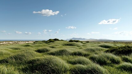Undulating grassy landscape under a bright blue sky with a few wispy clouds. Ocean and distant mountains appear in the background