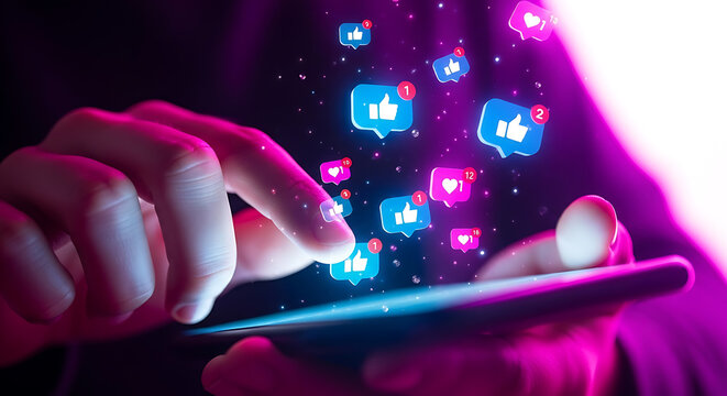 Social Media Engagement and Notifications on Smartphone in Neon Light - Powered by Adobe