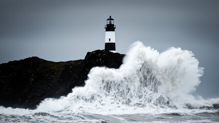 A monochrome lighthouse stands firm as enormous waves crash against its rocky foundation under a stormy sky