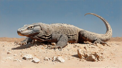 Fototapeta premium A large, gray reptile, with textured skin and curved tail, rests on sand under a clear, blue sky