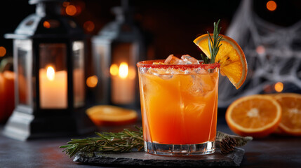 Bright Halloween cocktail with orange slice and rosemary garnish glows warmly near candle lanterns