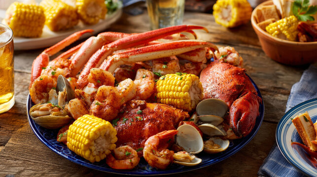 Cajun seafood boil platter with crab legs, shrimp, clams, and corn on cob served on rustic wooden table with drinks