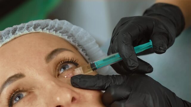 Beautician doctor injecting filler under eye of woman for aesthetic correction. Aesthetic specialist performing tear trough treatment to reduce under-eye hollows. Professional cosmetologist using