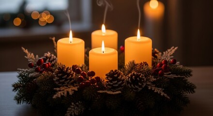 A festive Advent wreath, with four lit candles emitting smoke, rests on a table. The arrangement features greenery, pinecones, and red berries