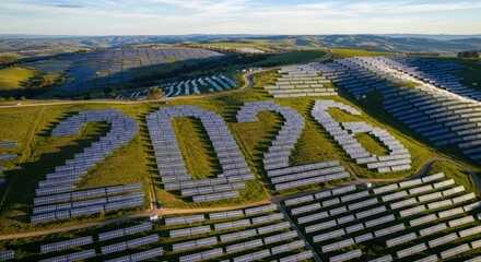 Aerial view of a hillside covered in solar panels, some arranged to form "2026", celebrating the future