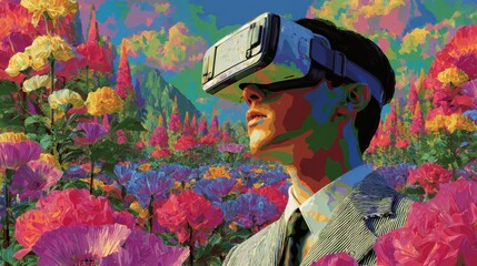 Person wearing virtual reality headset amidst a colorful flower garden in a surreal landscape during daytime