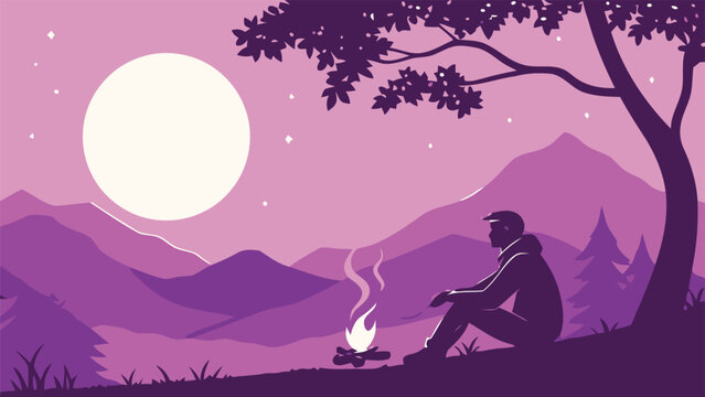 Contemplative solo traveler resting by a warm campfire, enjoying the tranquil purple nightscape and moonlit mountains