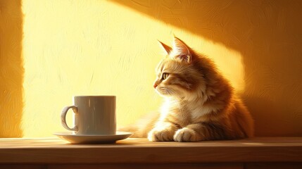 A fluffy, ginger kitten basks in sunlight on a wooden ledge beside a pristine, white mug. Yellow wall creates a warm, inviting scene