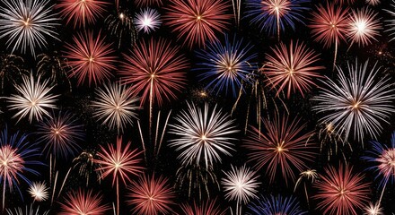 A vibrant display of colorful explosions illuminates a black night sky, showcasing dynamic fireworks