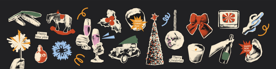 Christmas halftone art collage cut outs set. Various digital scrapbook paper clippings, New Year stickers with vintage dot texture and doodles. Modern retro vector illustration for mixed media design