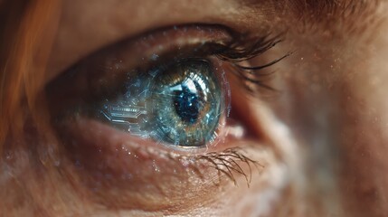 Eye shows advanced technology and digital elements in futuristic design, highlighting the blend of biology and technology in a close-up view