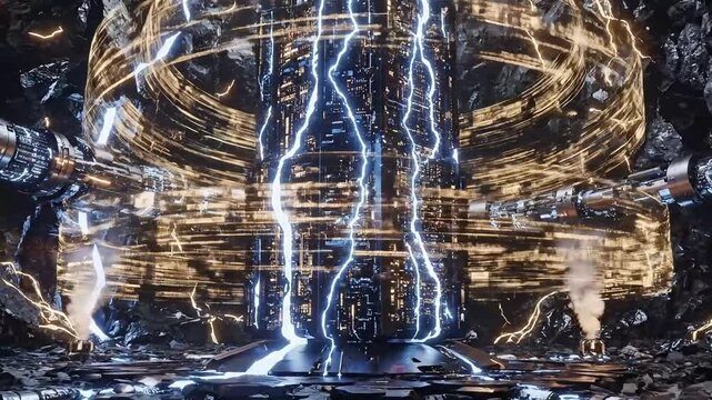 Futuristic energy core pulsing with power, dramatic lightning strikes, and dark cavernous setting creates an intense, captivating sci-fi vibe