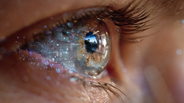 Futuristic close-up of a human eye reflecting a digital landscape with circuits and bright particles, symbolizing advanced technology and vision