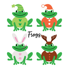Vector set of funny frogs in different themed costumes for Easter and New Year