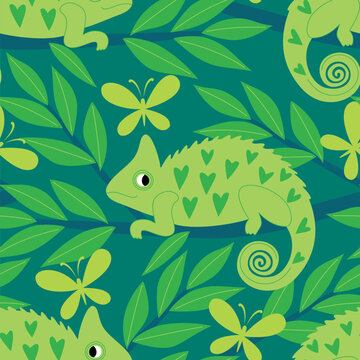 Vector seamless pattern with funny chameleons in the forest