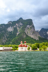 St. Bartholomae church, Koenigssee, Berchtesgardener Land, Upper Bavaria, Germany, Europe.
