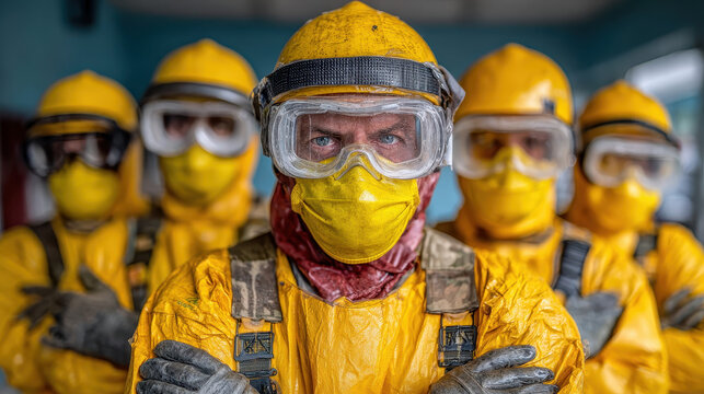 Group of workers in yellow protective suits and helmets wearing goggles and face masks standing confidently with arms crossed in industrial setting - Powered by Adobe