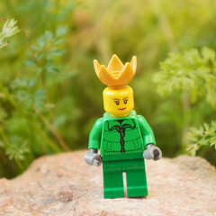 Naklejka premium Lego figure wearing a crown stands on a rock with a blurred green background