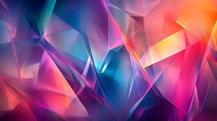 Dynamic abstract geometric background showcasing translucent, crystal-like shapes with a radiant gradient of blue, purple, pink, red, and orange. Ideal for modern digital designs.