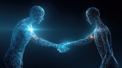 Modern technology empowers connection between digital entities in a futuristic scene showing handshaking robots created from lines and dots