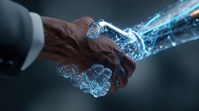 Human and robotic hands shake in a symbolic representation of cooperation and technology in a modern setting