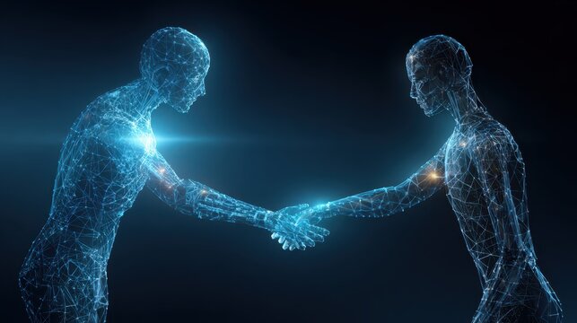 Modern technology empowers connection between digital entities in a futuristic scene showing handshaking robots created from lines and dots