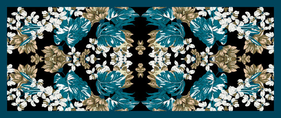 colorful floral scarf pattern design with geometric motifs on light background
