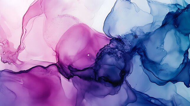 Vibrant abstract alcohol ink art featuring flowing pink, purple, and blue liquid forms, creating an elegant and ethereal modern background texture.