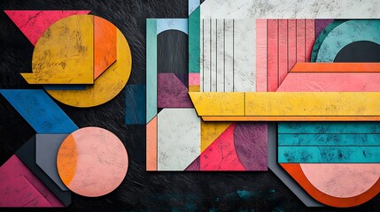 Dynamic abstract art featuring a collage of colorful geometric shapes and textures, suitable for modern backgrounds and creative designs.